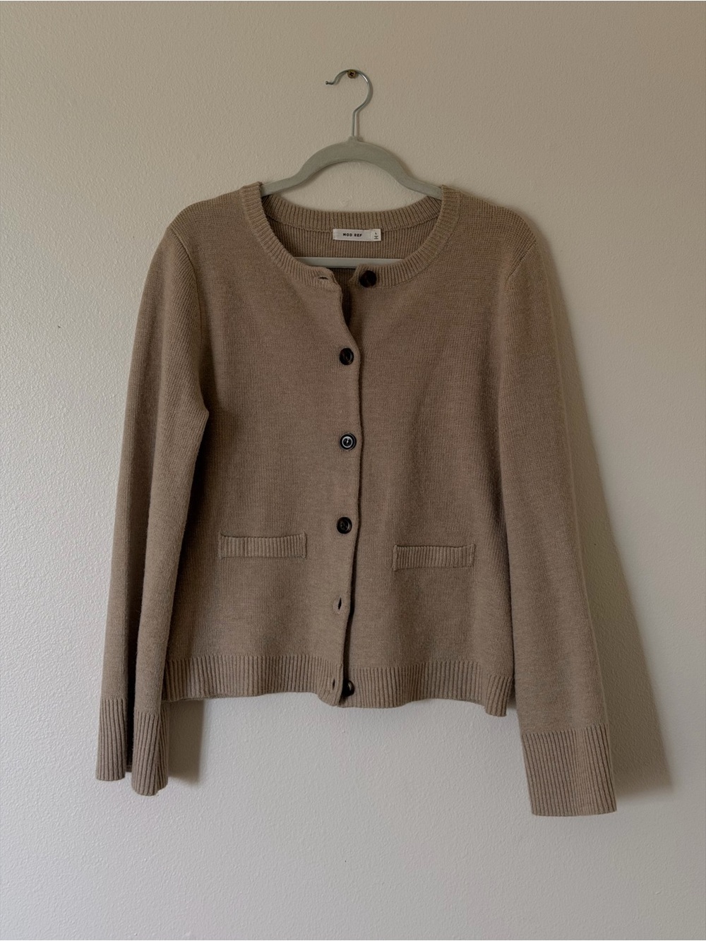 Mod Ref Taupe Button-Front Crewneck Cardigan
